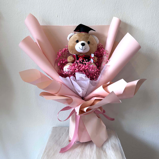 CONVO BEAR PINK BABY BREATH FLOWER BOUQUET