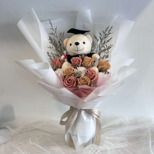 CONVO BEAR SALMON PINK MIX CAPPUCCINO FLOWER BOUQUET