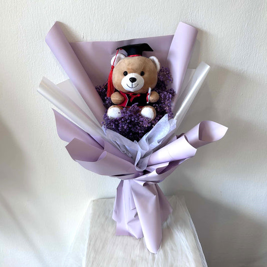 CONVO BEAR PURPLE BABY BREATH FLOWER BOUQUET